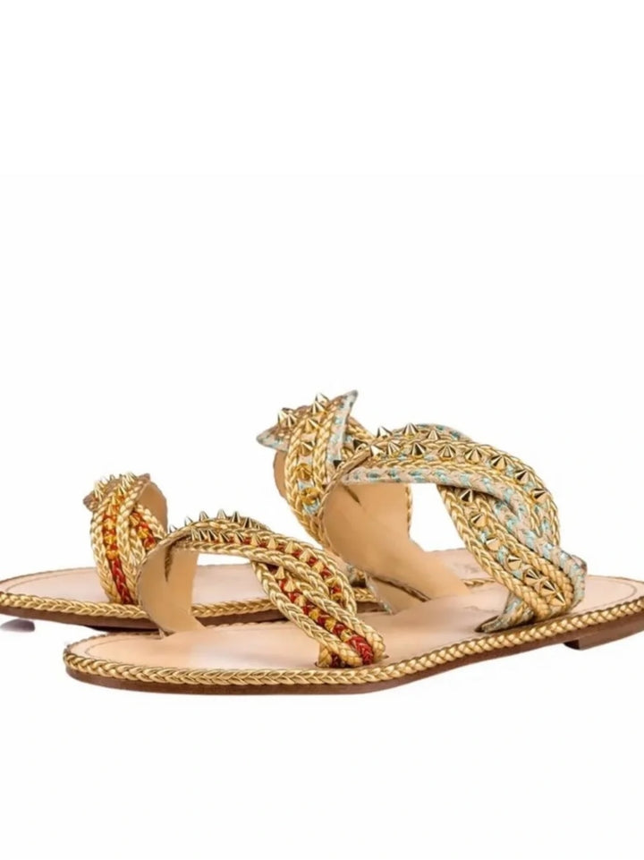 LOUBOUTIN NORMANDIE SPIKE ROPE FLAT SLIDE SANDALS