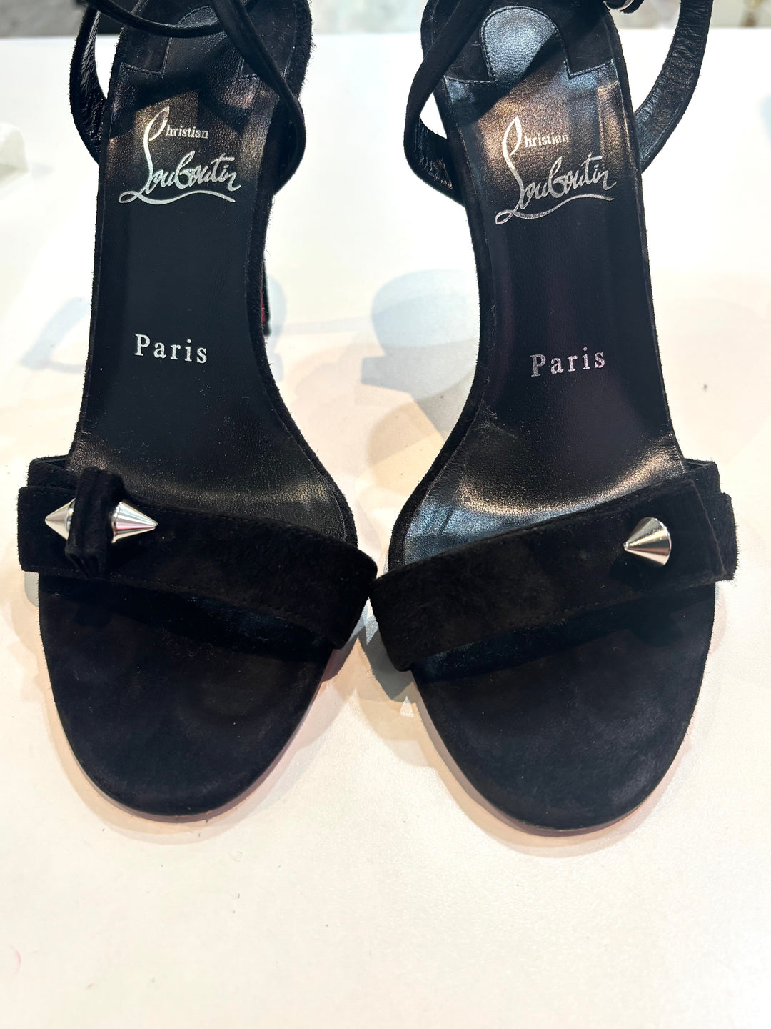LOUBOUTIN UMBERTA 100 SUEDE ANKLE STRAP SANDALS