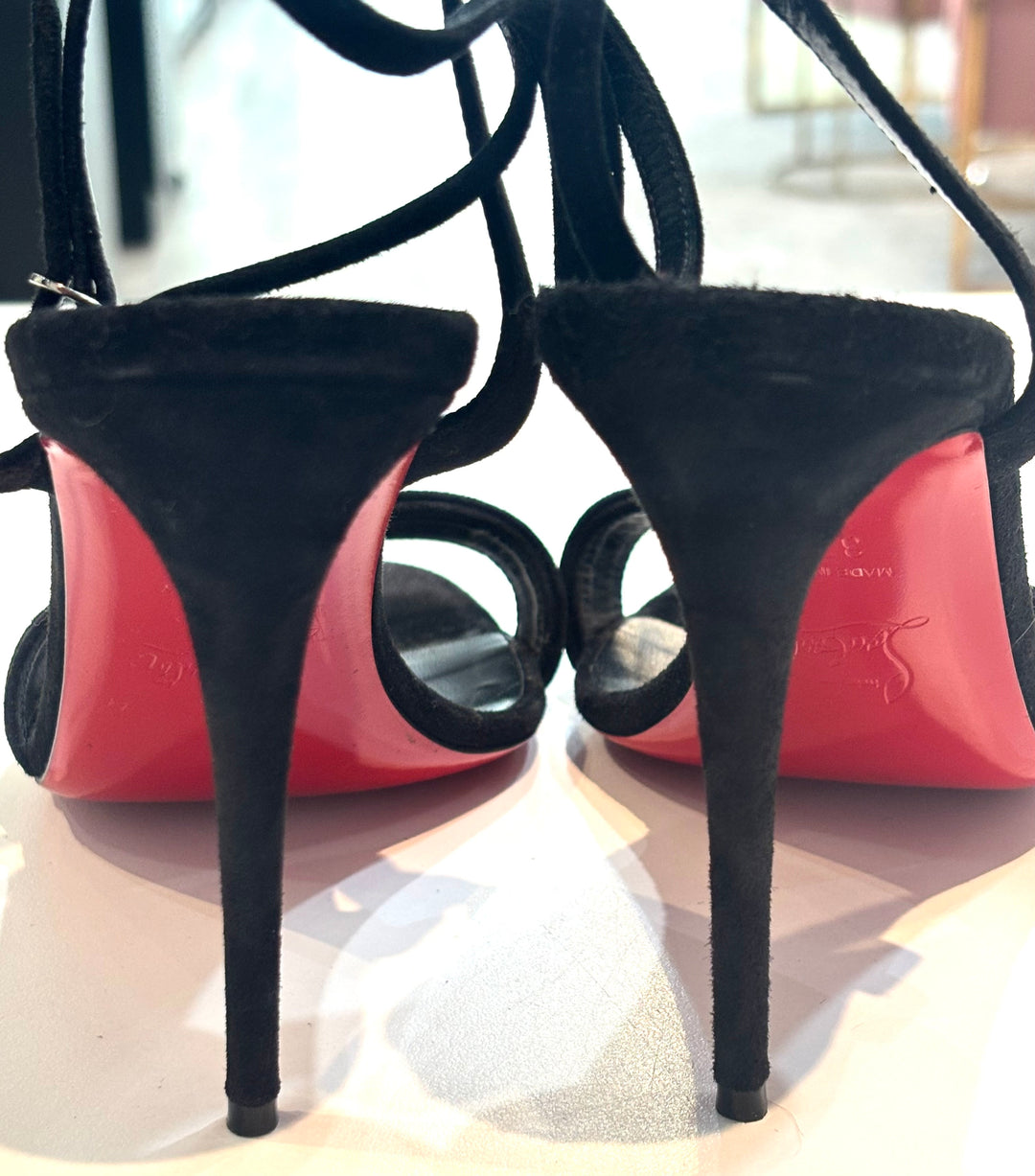 LOUBOUTIN UMBERTA 100 SUEDE ANKLE STRAP SANDALS