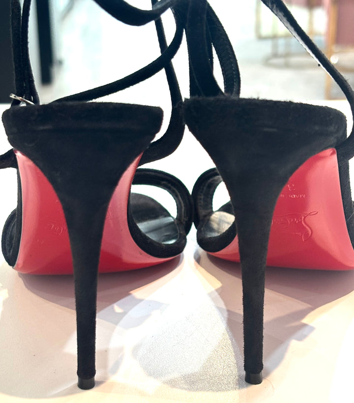 LOUBOUTIN UMBERTA 100 SUEDE ANKLE STRAP SANDALS