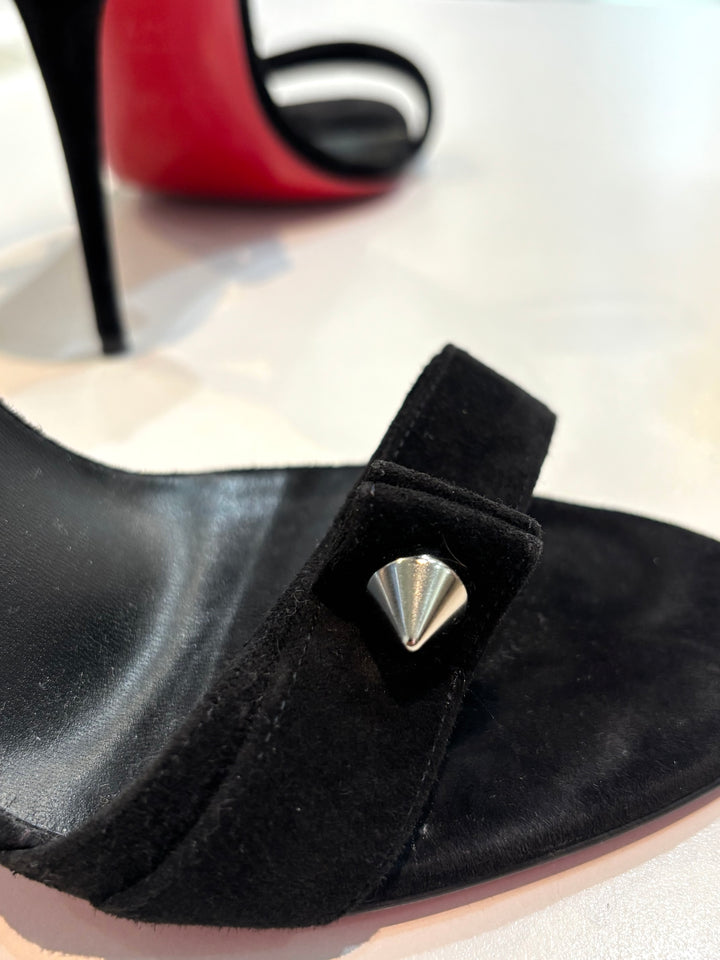 LOUBOUTIN UMBERTA 100 SUEDE ANKLE STRAP SANDALS