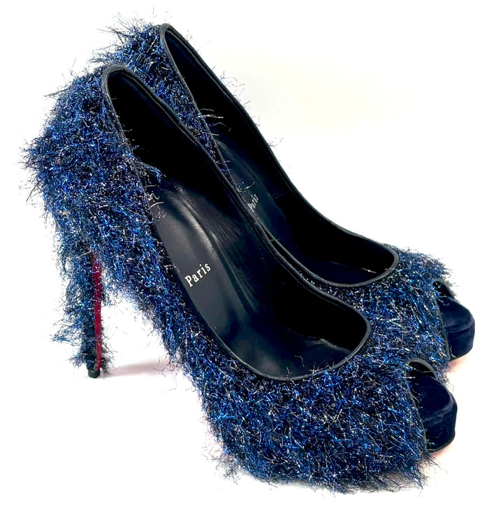 LOUBOUTIN VERY PRIVÉ 120 VELVET GLITTER PEEP-TOE STILETTO PUMPS