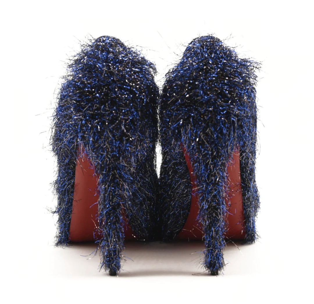 LOUBOUTIN VERY PRIVÉ 120 VELVET GLITTER PEEP-TOE STILETTO PUMPS
