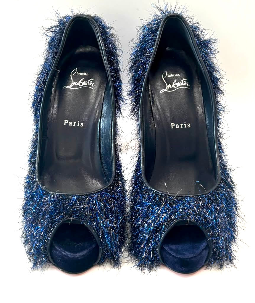 LOUBOUTIN VERY PRIVÉ 120 VELVET GLITTER PEEP-TOE STILETTO PUMPS