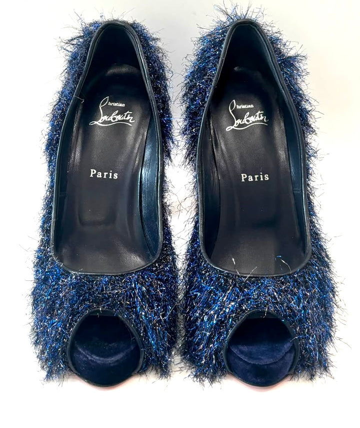 LOUBOUTIN VERY PRIVÉ 120 VELVET GLITTER PEEP-TOE STILETTO PUMPS