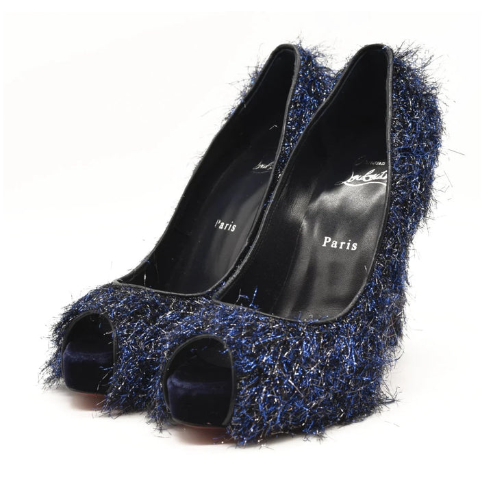 LOUBOUTIN VERY PRIVÉ 120 VELVET GLITTER PEEP-TOE STILETTO PUMPS