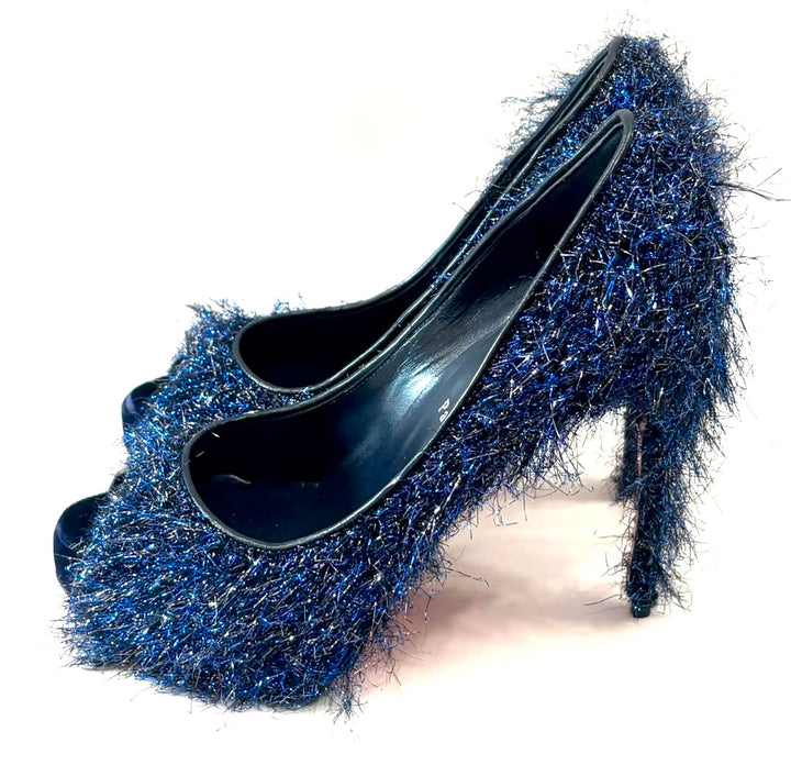 LOUBOUTIN VERY PRIVÉ 120 VELVET GLITTER PEEP-TOE STILETTO PUMPS