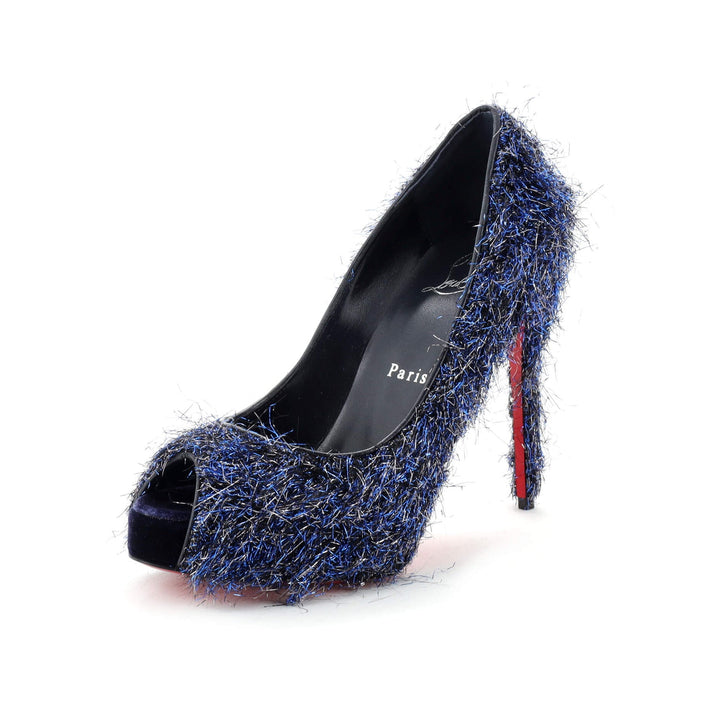 LOUBOUTIN VERY PRIVÉ 120 VELVET GLITTER PEEP-TOE STILETTO PUMPS