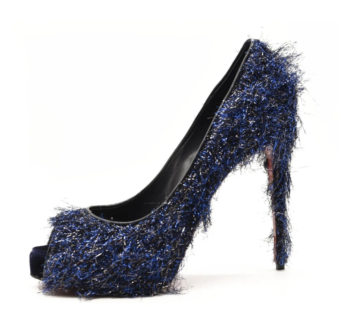 LOUBOUTIN VERY PRIVÉ 120 VELVET GLITTER PEEP-TOE STILETTO PUMPS