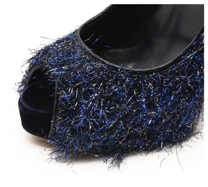 LOUBOUTIN VERY PRIVÉ 120 VELVET GLITTER PEEP-TOE STILETTO PUMPS