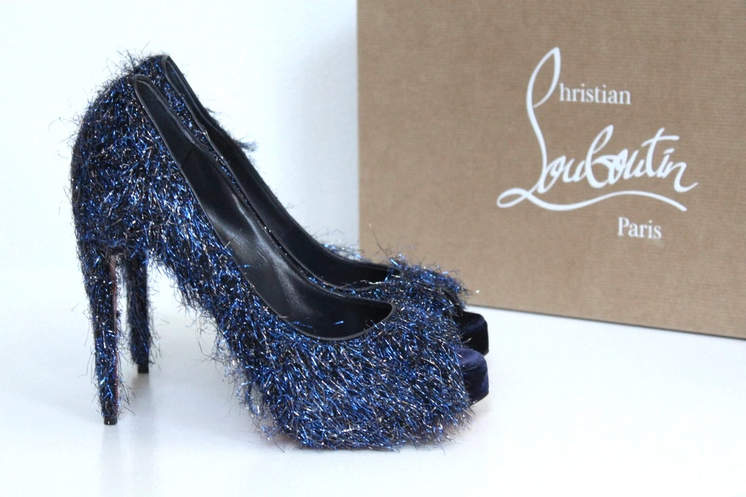 LOUBOUTIN VERY PRIVÉ 120 VELVET GLITTER PEEP-TOE STILETTO PUMPS
