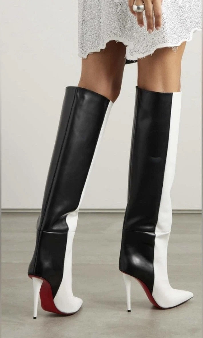 LOUBOUTIN ASTRILARGE BOTTA 100 CALFSKIN LEATHER KNEE-HIGH BOOTS