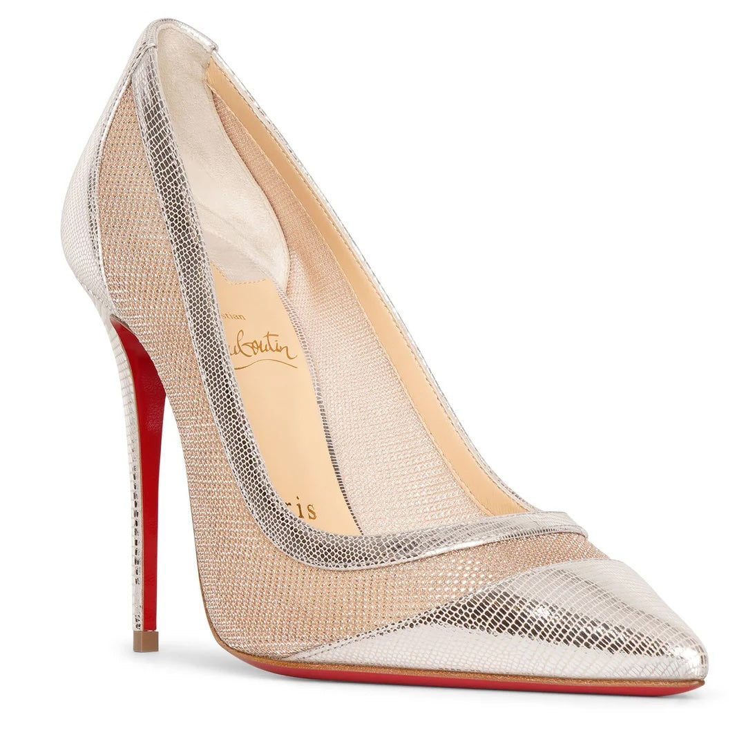 LOUBOUTIN GALATIVI 100 METALLIC LEATHER &amp; MESH PUMPS