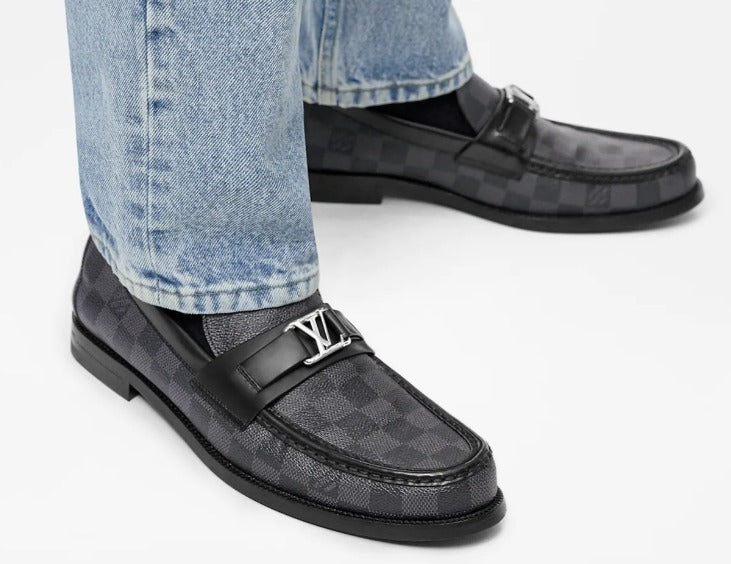 LOUIS VUITTON CALFSKIN LEATHER DAMIER EMBOSSED SANTIAGO LOAFERS