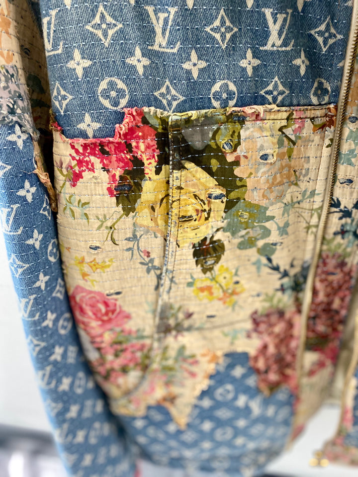 LOUIS VUITTON DISTRESSED DENIM MONOGRAM FLORAL WORKWEAR JACKET