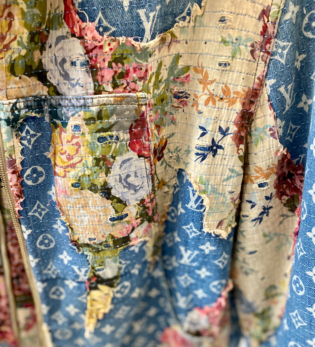 LOUIS VUITTON DISTRESSED DENIM MONOGRAM FLORAL WORKWEAR JACKET