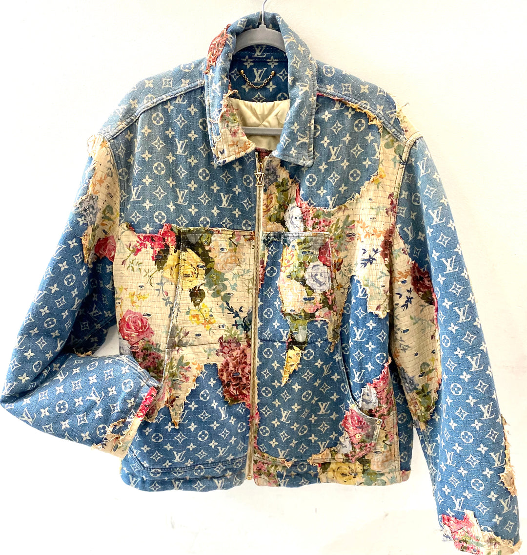 LOUIS VUITTON DISTRESSED DENIM MONOGRAM FLORAL WORKWEAR JACKET