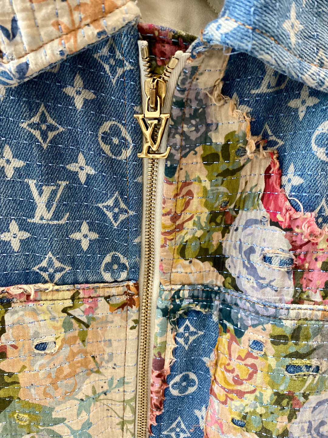 LOUIS VUITTON DISTRESSED DENIM MONOGRAM FLORAL WORKWEAR JACKET