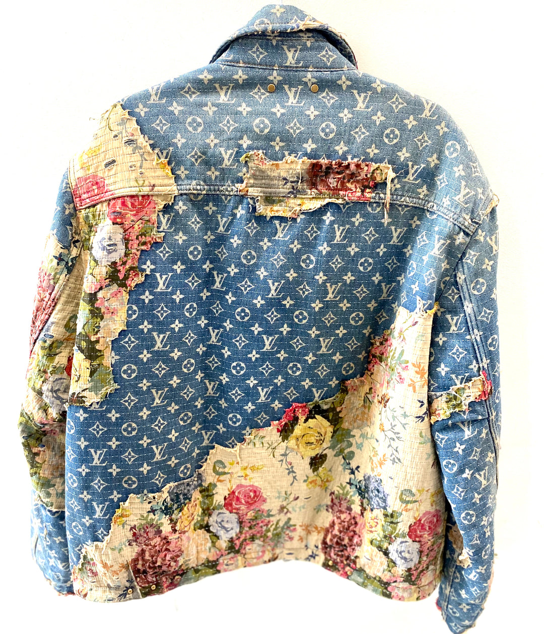 LOUIS VUITTON DISTRESSED DENIM MONOGRAM FLORAL WORKWEAR JACKET