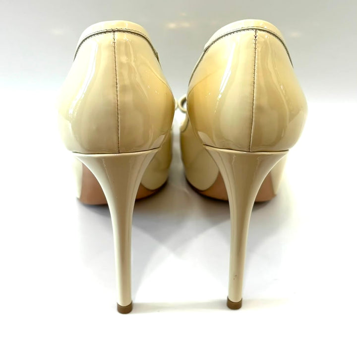 LOUIS VUITTON DAMIER AZUR BOW DAMIA PATENT PEEP TOE PUMPS