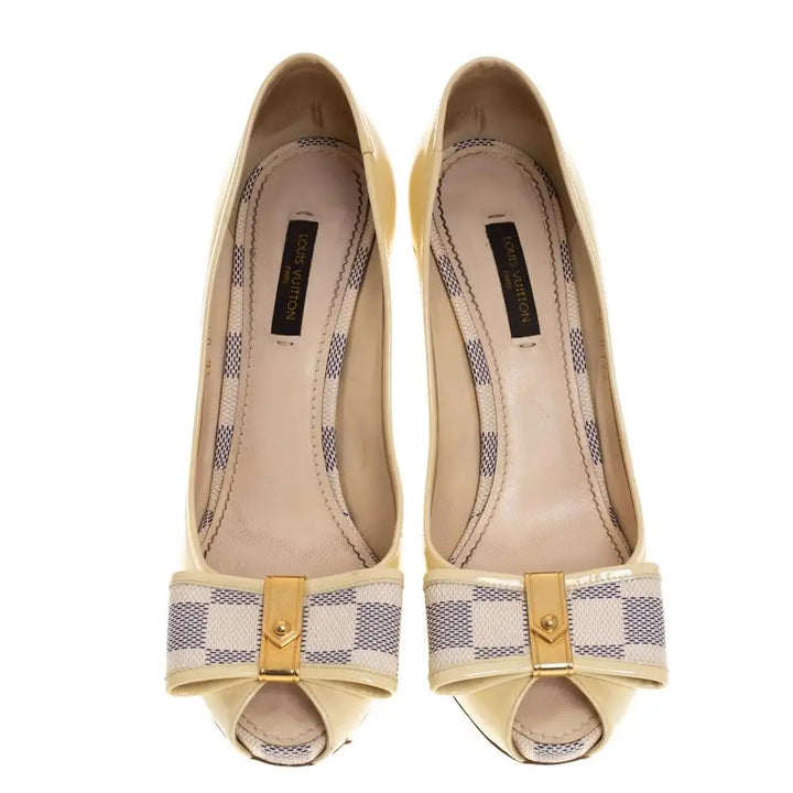 LOUIS VUITTON DAMIER AZUR BOW DAMIA PATENT PEEP TOE PUMPS