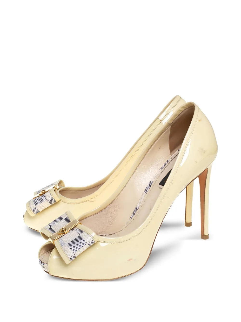 LOUIS VUITTON DAMIER AZUR BOW DAMIA PATENT PEEP TOE PUMPS