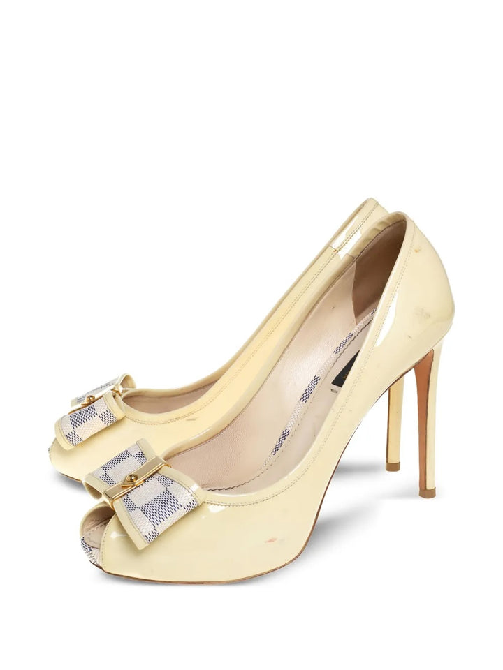 LOUIS VUITTON DAMIER AZUR BOW DAMIA PATENT PEEP TOE PUMPS