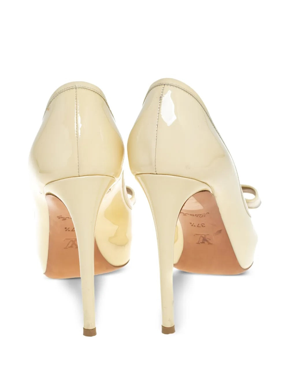 LOUIS VUITTON DAMIER AZUR BOW DAMIA PATENT PEEP TOE PUMPS