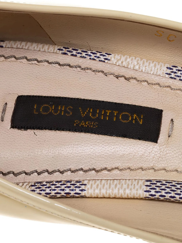 LOUIS VUITTON DAMIER AZUR BOW DAMIA PATENT PEEP TOE PUMPS