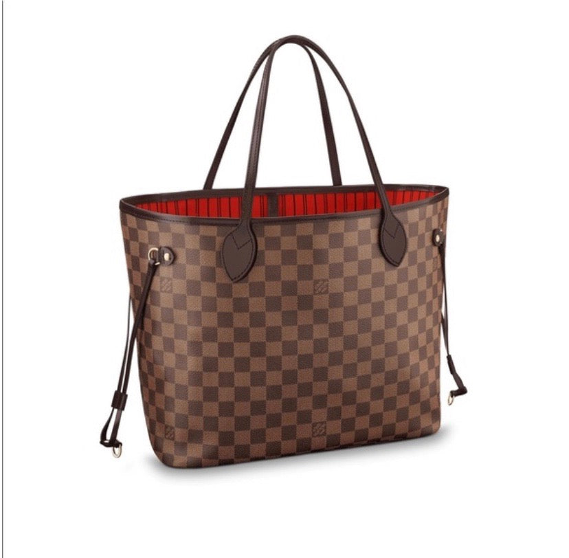 LOUIS VUITTON DAMIER EBENE NEVERFULL MM TOTE BAG CERISE RED