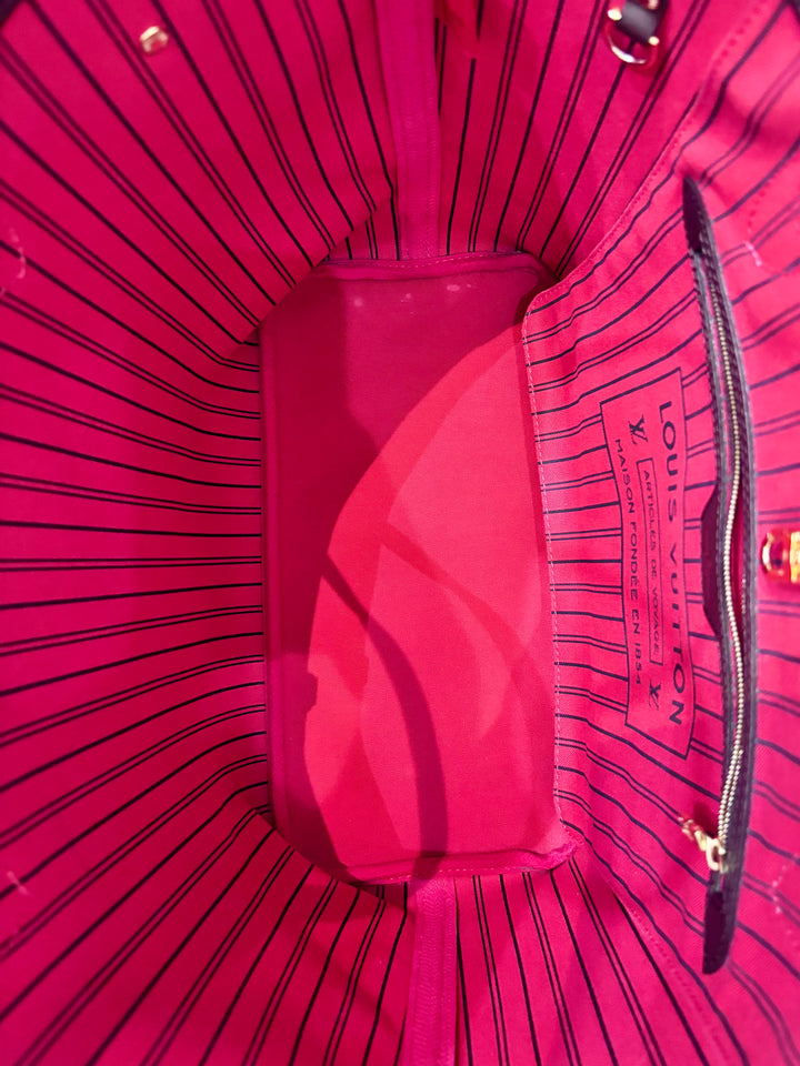 LOUIS VUITTON DAMIER EBENE NEVERFULL MM TOTE BAG CERISE RED