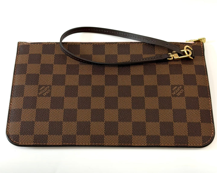 LOUIS VUITTON DAMIER EBENE NEVERFULL POCHETTE WRISTLET ROSE BALLERINE