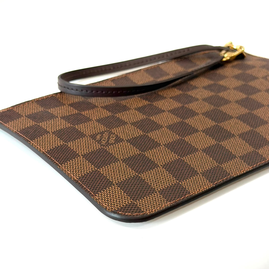 LOUIS VUITTON DAMIER EBENE NEVERFULL POCHETTE WRISTLET ROSE BALLERINE