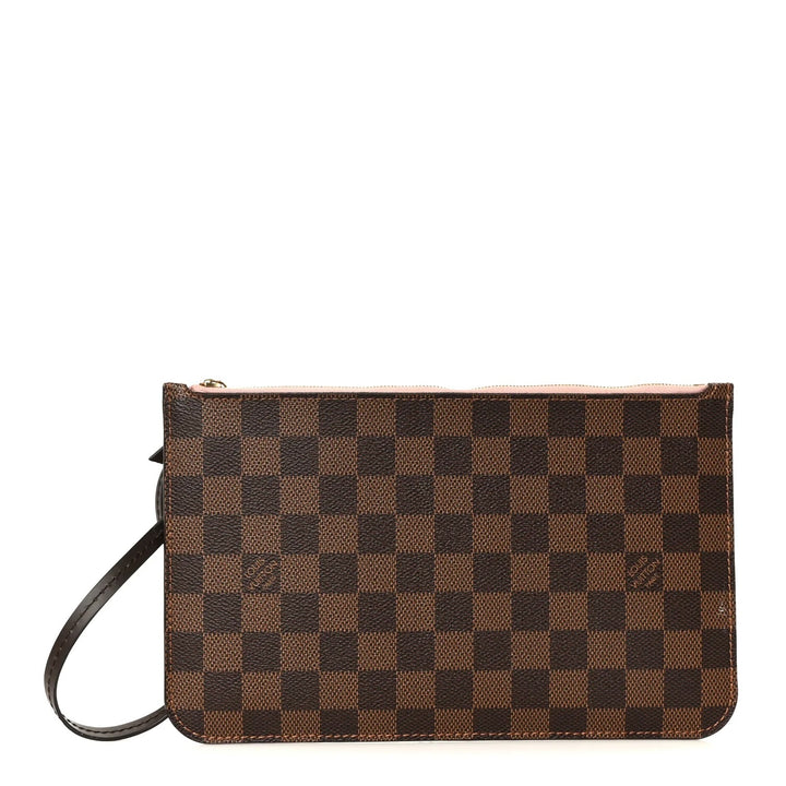LOUIS VUITTON DAMIER EBENE NEVERFULL POCHETTE WRISTLET ROSE BALLERINE