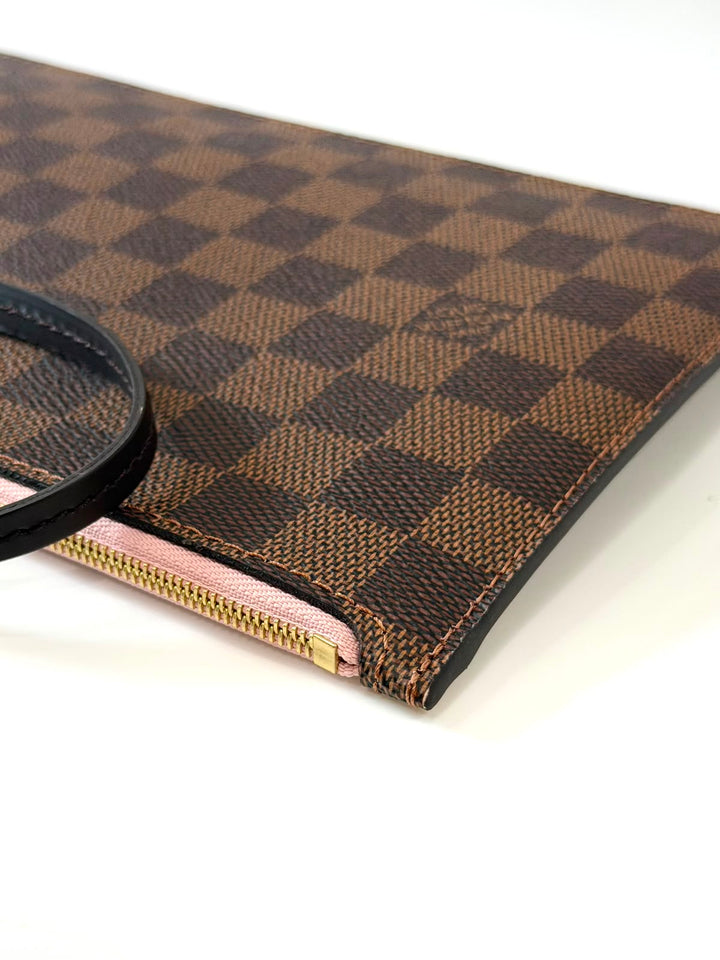 LOUIS VUITTON DAMIER EBENE NEVERFULL POCHETTE WRISTLET ROSE BALLERINE