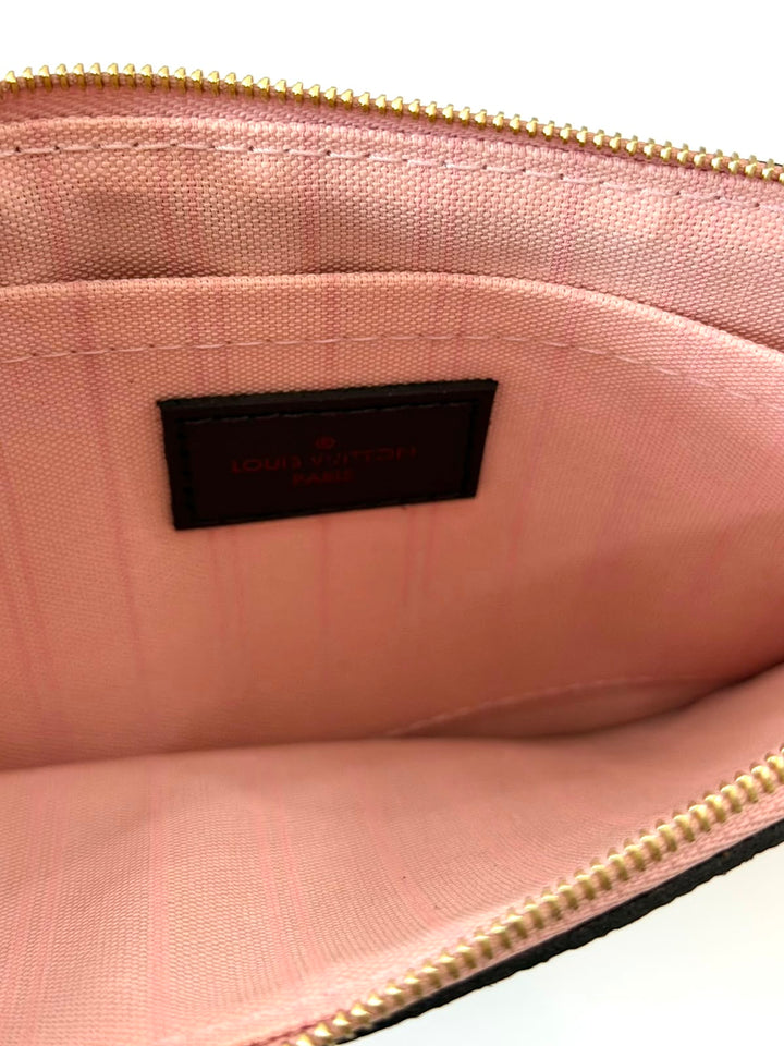 LOUIS VUITTON DAMIER EBENE NEVERFULL POCHETTE WRISTLET ROSE BALLERINE