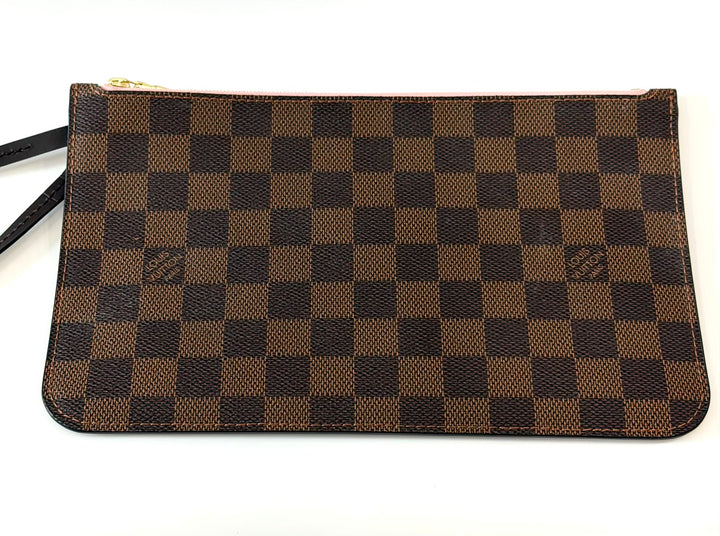 LOUIS VUITTON DAMIER EBENE NEVERFULL POCHETTE WRISTLET ROSE BALLERINE
