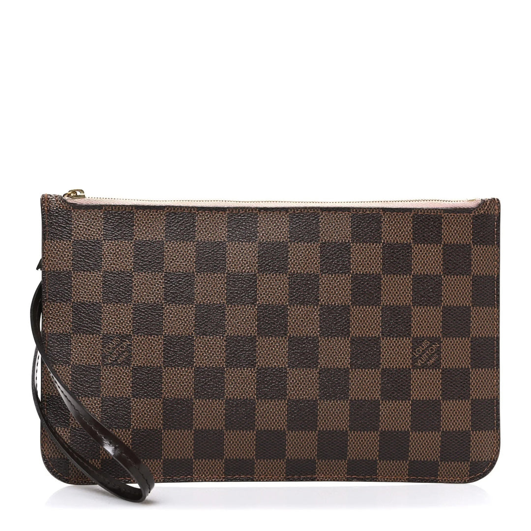 LOUIS VUITTON DAMIER EBENE NEVERFULL POCHETTE WRISTLET ROSE BALLERINE