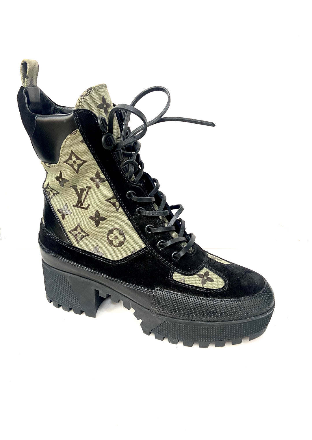 LOUIS VUITTON SUEDE MONOGRAM LAURETTE PLATFORM DESERT BOOTS
