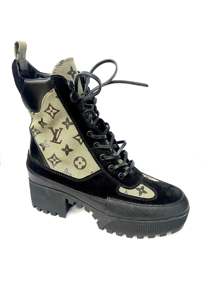 LOUIS VUITTON SUEDE MONOGRAM LAURETTE PLATFORM DESERT BOOTS