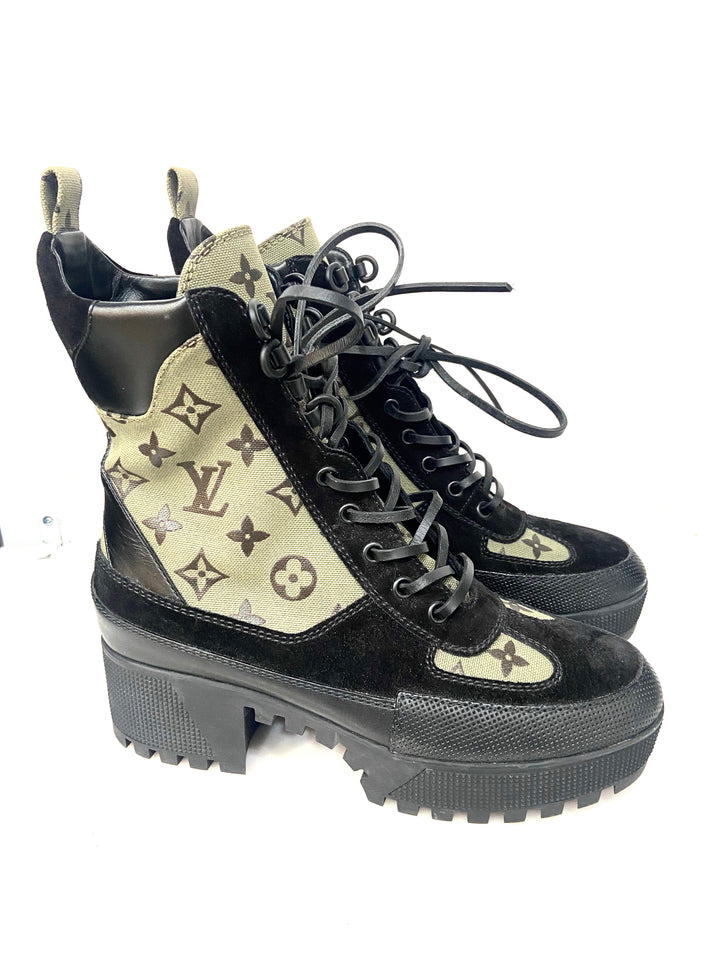 LOUIS VUITTON SUEDE MONOGRAM LAURETTE PLATFORM DESERT BOOTS