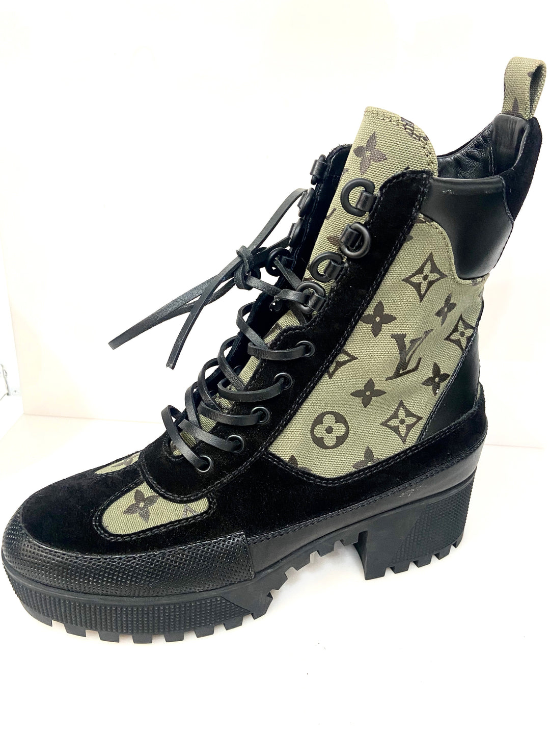 LOUIS VUITTON SUEDE MONOGRAM LAURETTE PLATFORM DESERT BOOTS