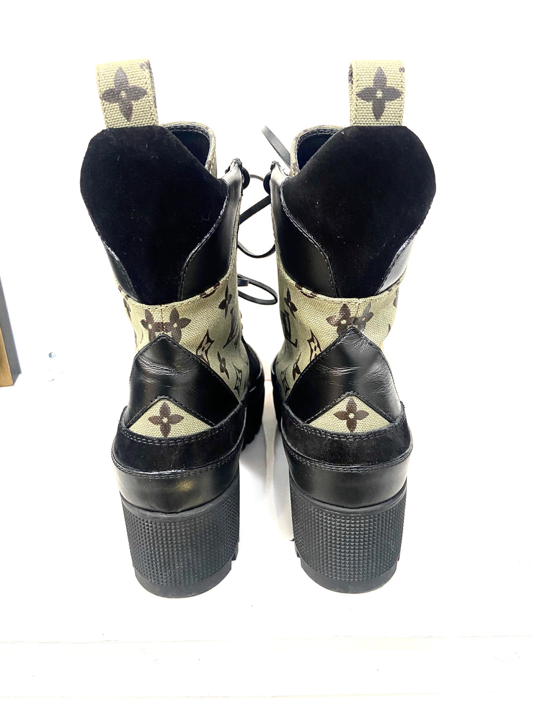 LOUIS VUITTON SUEDE MONOGRAM LAURETTE PLATFORM DESERT BOOTS