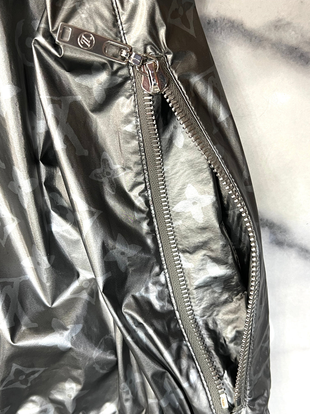 LOUIS VUITTON METALLIC SILVER MONOGRAM TRACK PANTS