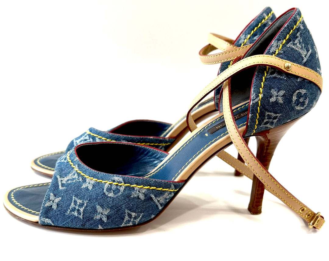 LOUIS VUITTON MONOGRAM DENIM ANKLE WRAP HEELS