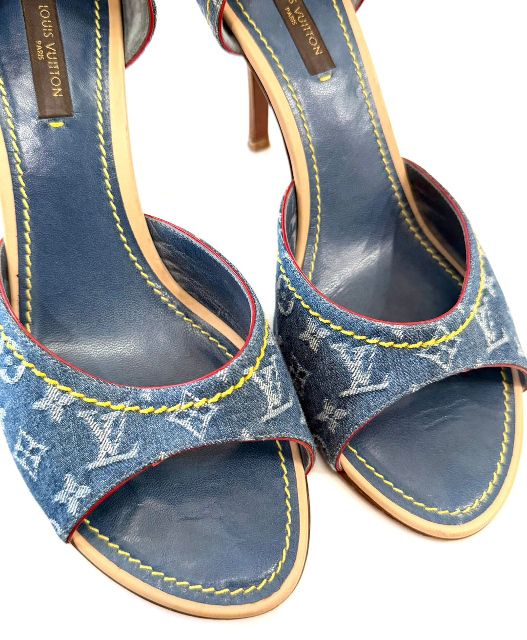 LOUIS VUITTON MONOGRAM DENIM ANKLE WRAP HEELS