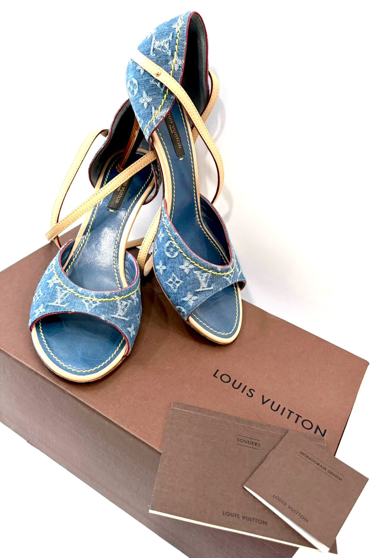 LOUIS VUITTON MONOGRAM DENIM ANKLE WRAP HEELS