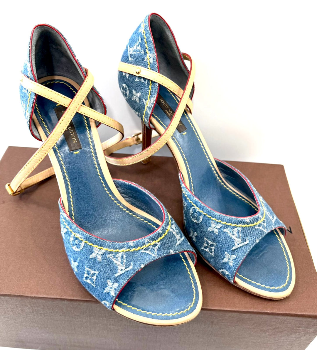 LOUIS VUITTON MONOGRAM DENIM ANKLE WRAP HEELS