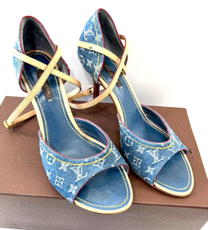 LOUIS VUITTON MONOGRAM DENIM ANKLE WRAP HEELS