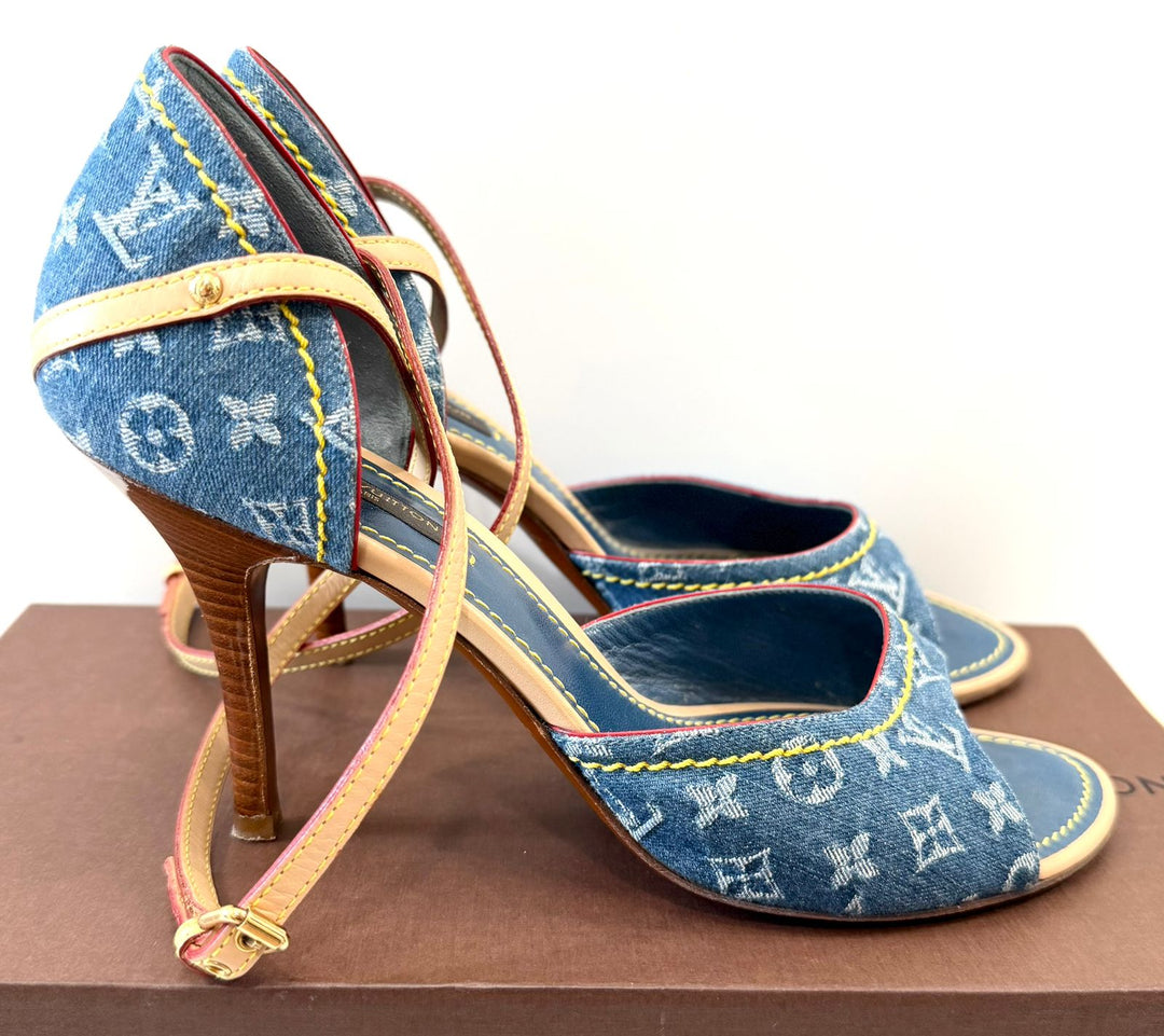LOUIS VUITTON MONOGRAM DENIM ANKLE WRAP HEELS